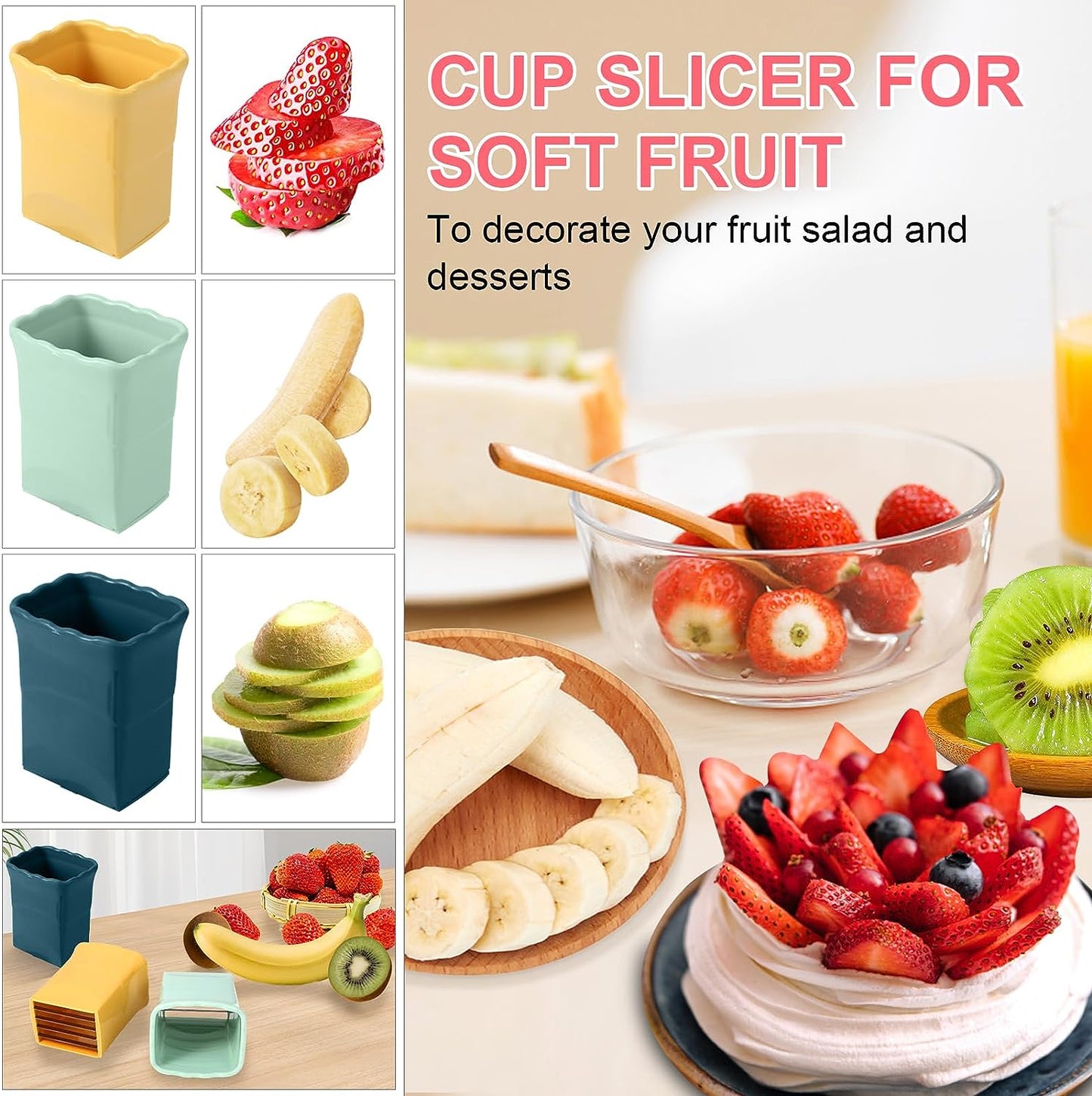 3 Pcs  Cup Slicer Stainless Steel Strawberry Slicer Banana Slicers Fruit Cutters Multifunctional Soft Fruits and Vegetable Slice Fresh Platter Making